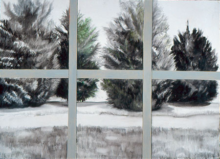 Four Evergreens Through a Window